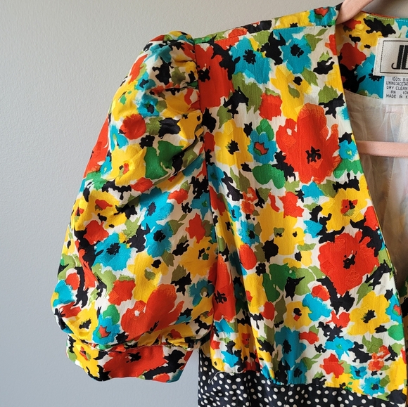 1980s floral silk cocktail dress puff shoulders dress with contrast skirt - Picture 12 of 16